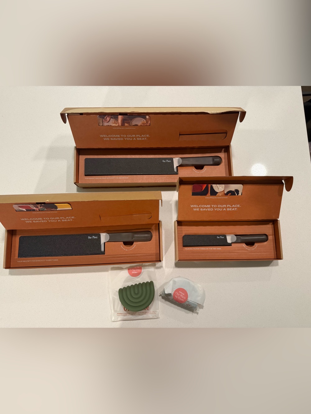 Our Place Black knife set and sage pot grips